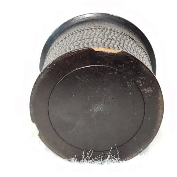 Small antique round wooden box etched lid Japanese scene  Vintage round wooden c - Picture 6 of 8